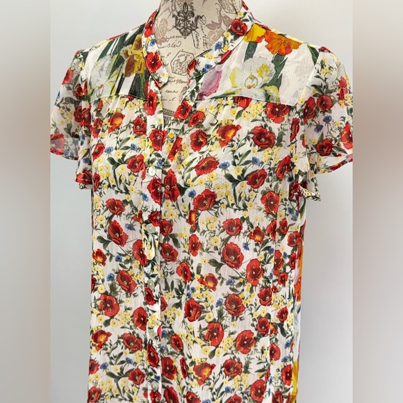 FIGUEROA & FLOWER Red and yellow sheer floral print top size PXL - Picture 6 of 13